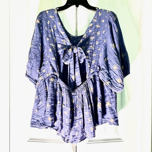 Free People Chloe Mixed Print Back Cutout Top in Indigo Combo (XL) New with Tag - Picture 6 of 10